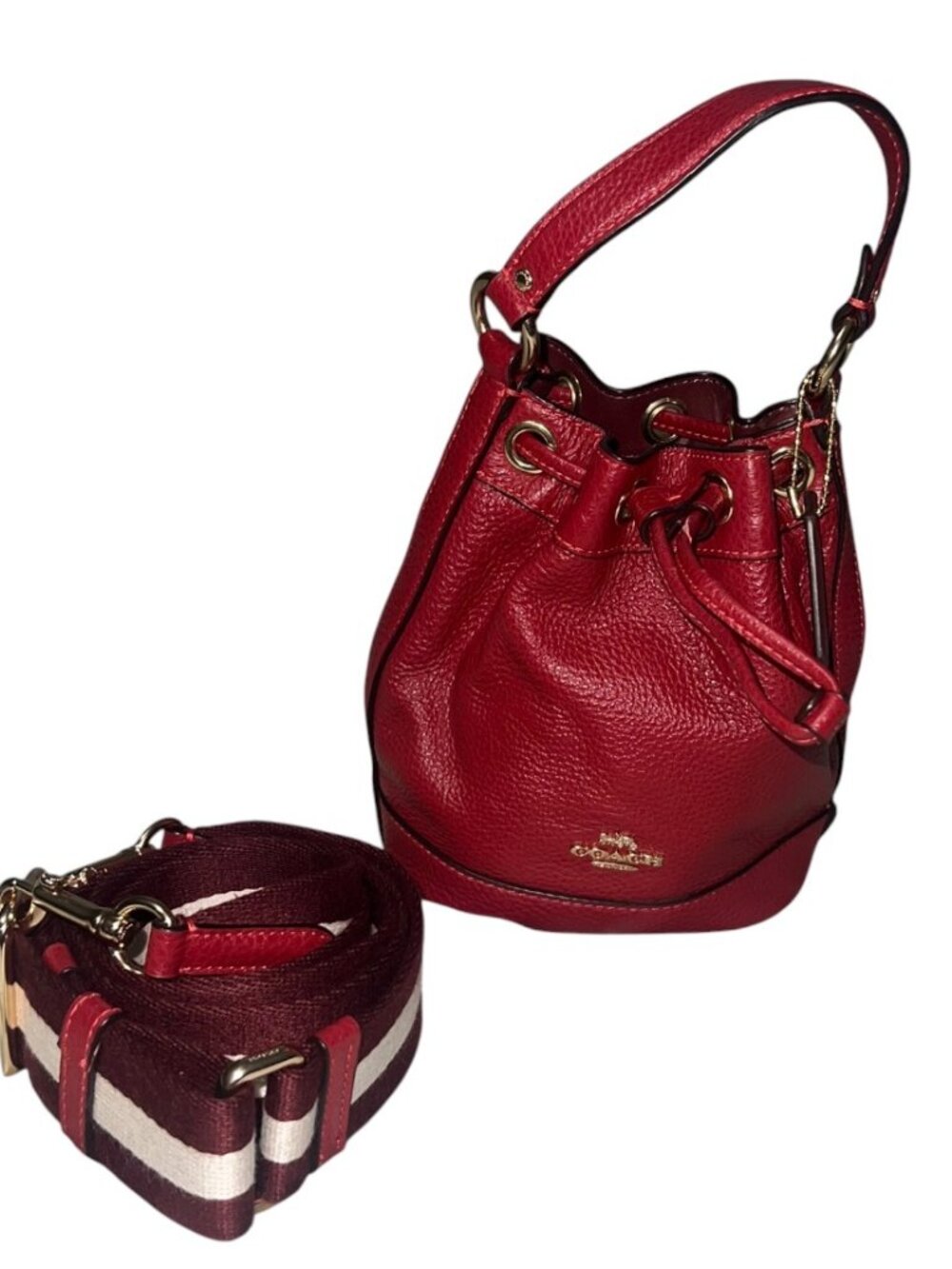 NWOT Coach Dempsey Drawstring Bucket Bag 15” Refined Burgundy Pebble Leather